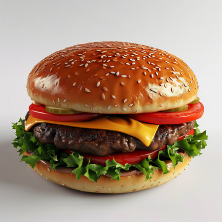 Big hamburger on a white background. 3d rendering, 3d illustration.の素材