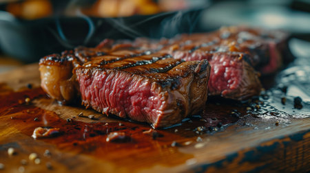 grilled beef steak on wooden cutting board, close-up viewの素材