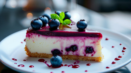 A piece of blueberry cheesecake with fresh berries on top.の素材