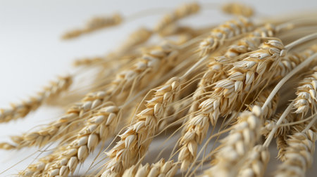 Ears of wheat on a white background. Close-up.の素材