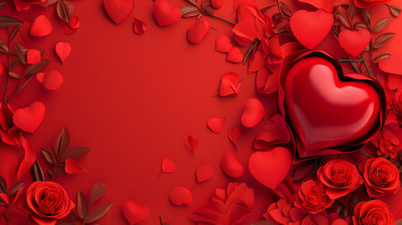 Valentine's day background with red hearts and leaves. 3d renderの素材