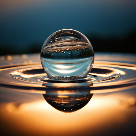 Water drop with ripples and reflection on water surface at sunset.の素材