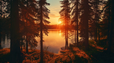 Beautiful sunset over a lake in the forest. Landscape.の素材