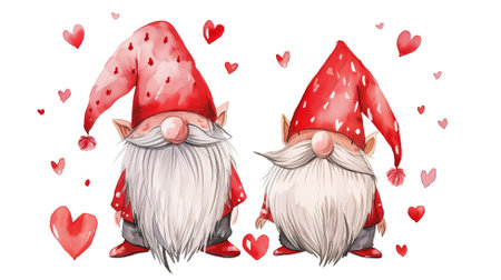 Cute gnomes with hearts isolated on white background. Watercolor illustration.の素材