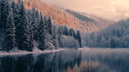 Winter landscape with snowy fir trees and lake in the Carpathian mountainsの素材