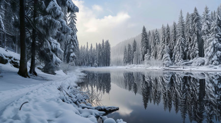 Winter landscape with snow covered trees and lake in the Carpathian mountainsの素材