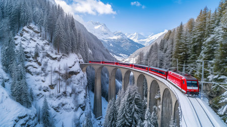 Train on a viaduct in the Alps in winter, Switzerlandの素材