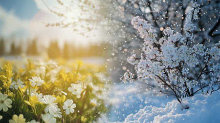Beautiful spring flowers in the snow. Nature background with white flowers.の素材