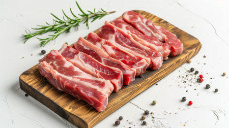 Raw pork ribs with rosemary and peppercorns on white backgroundの素材