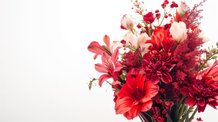 Bouquet of red and white flowers on white background with copy spaceの素材