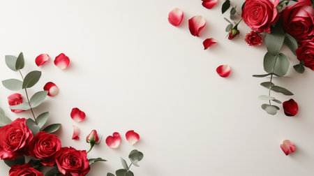Flowers composition. Frame made of red rose flowers on white background. Flat lay, top view, copy spaceの素材