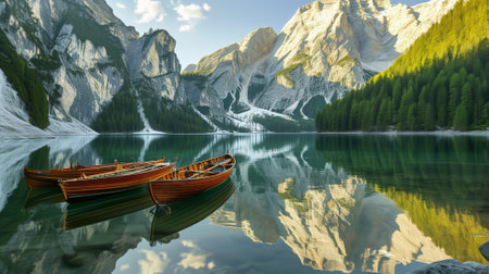 Fantastic panoramic view of Braies lake, South Tyrol, Italyの素材