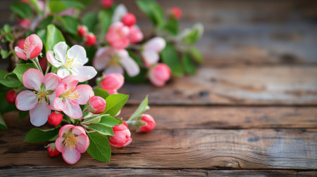 Spring blossom on wooden background with copy space for your text.の素材