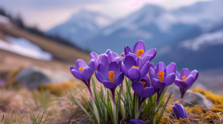 Beautiful crocus flowers on the background of snow-capped mountainsの素材