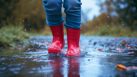 Little girl in red rubber boots walking in a puddle in autumnの素材