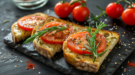 Bruschetta with tomatoes and rosemary on black stone backgroundの素材
