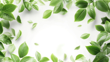 Green leaves on white background with copy space. 3d rendering.の素材