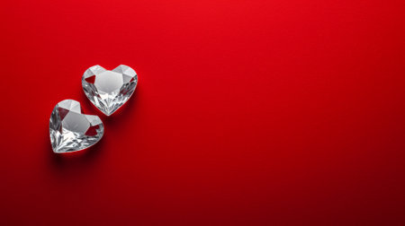 Valentine's day background with two hearts on red background, copy spaceの素材