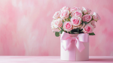 Bouquet of pink roses in a gift box on a pink backgroundの素材