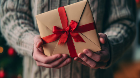 close up of men hands holding valentine day gift box with red ribbonの素材