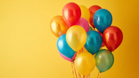Bunch of colorful balloons on yellow background, copy space for textの素材