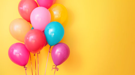 Colorful balloons on a yellow background with copy space for text.の素材
