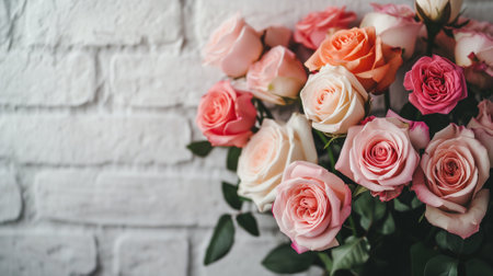 Bouquet of pink and white roses on a white brick wall backgroundの素材