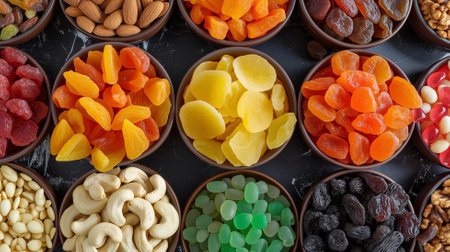 Mix of dried fruits and nuts in bowls on dark background, top viewの素材