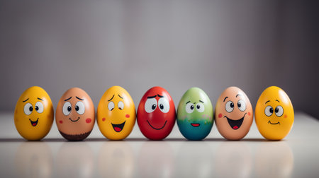 Easter eggs with funny faces and different emotions on white background.の素材