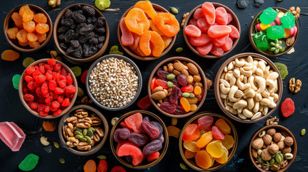 Variety of dried fruits and nuts in bowls on black background. Top view.の素材