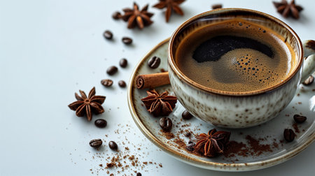 Coffee cup with coffee beans and star anise on white backgroundの素材