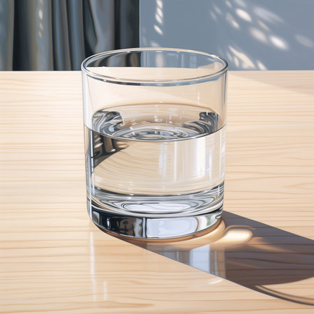 Glass of water on a wooden table. 3d render illustration.の素材