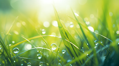 Fresh green grass with dew drops close up. nature background.の素材