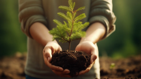 Photo for Young woman holding small tree in soil, closeup. Earth day concept - Royalty Free Image