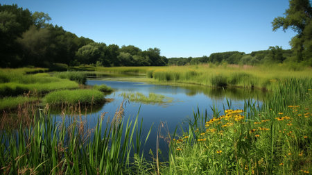 Beautiful summer landscape with a lake and green grass in the foregroundの素材
