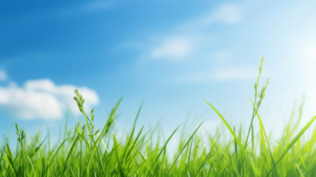 Green grass and blue sky with white clouds. Spring nature background.の素材