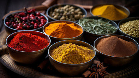 Spices and herbs in metal bowls on wooden background. Selective focus.の素材