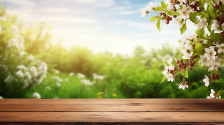 Wooden table and spring blossom tree on blurred nature background. For product displayの素材