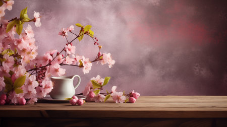 cherry blossom and teapot on wooden table over grunge backgroundの素材