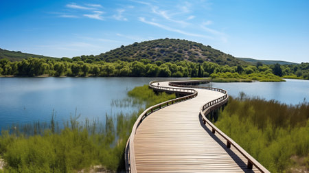 Wooden walkway on the lake in the mountains and blue skyの素材