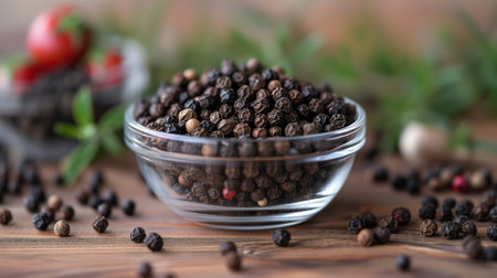 Black peppercorns in glass bowl on wooden table, closeupの素材