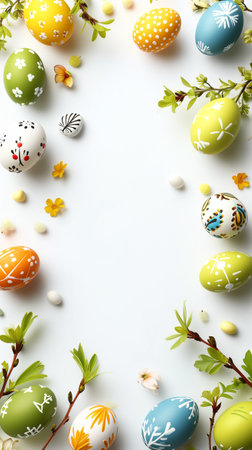 Easter eggs and branches on a white background. Top view.の素材