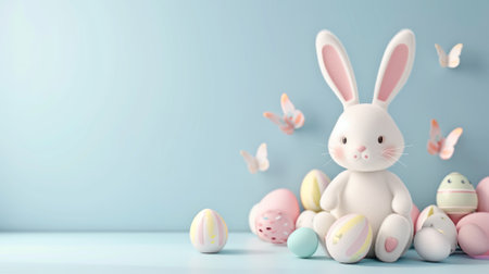 Easter bunny with easter eggs on blue background.の素材
