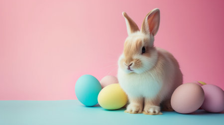 Cute bunny and easter eggs on pink background. Easter concept.の素材