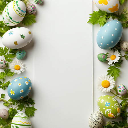 Easter eggs with daisies and green leaves on white backgroundの素材