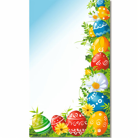 Easter background with eggs, flowers and grass. Vector illustration.の素材