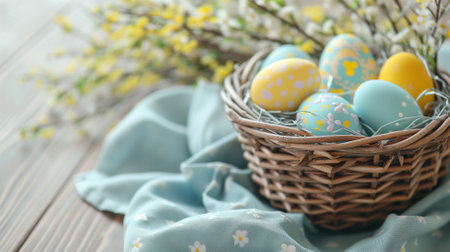 Basket with easter eggs and flowers on wooden table, closeupの素材