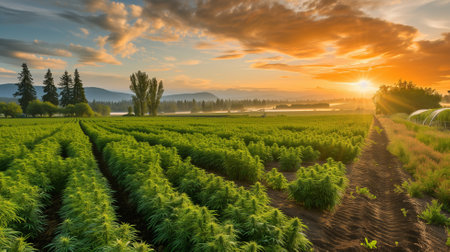 Cannabis field at sunset. Agricultural landscape with a beautiful skyの素材
