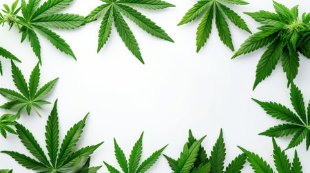 Cannabis leaves on white background. Top view. Copy spaceの素材