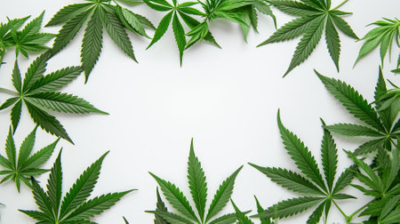 Marijuana leaves on white background. Top view. Copy space.の素材